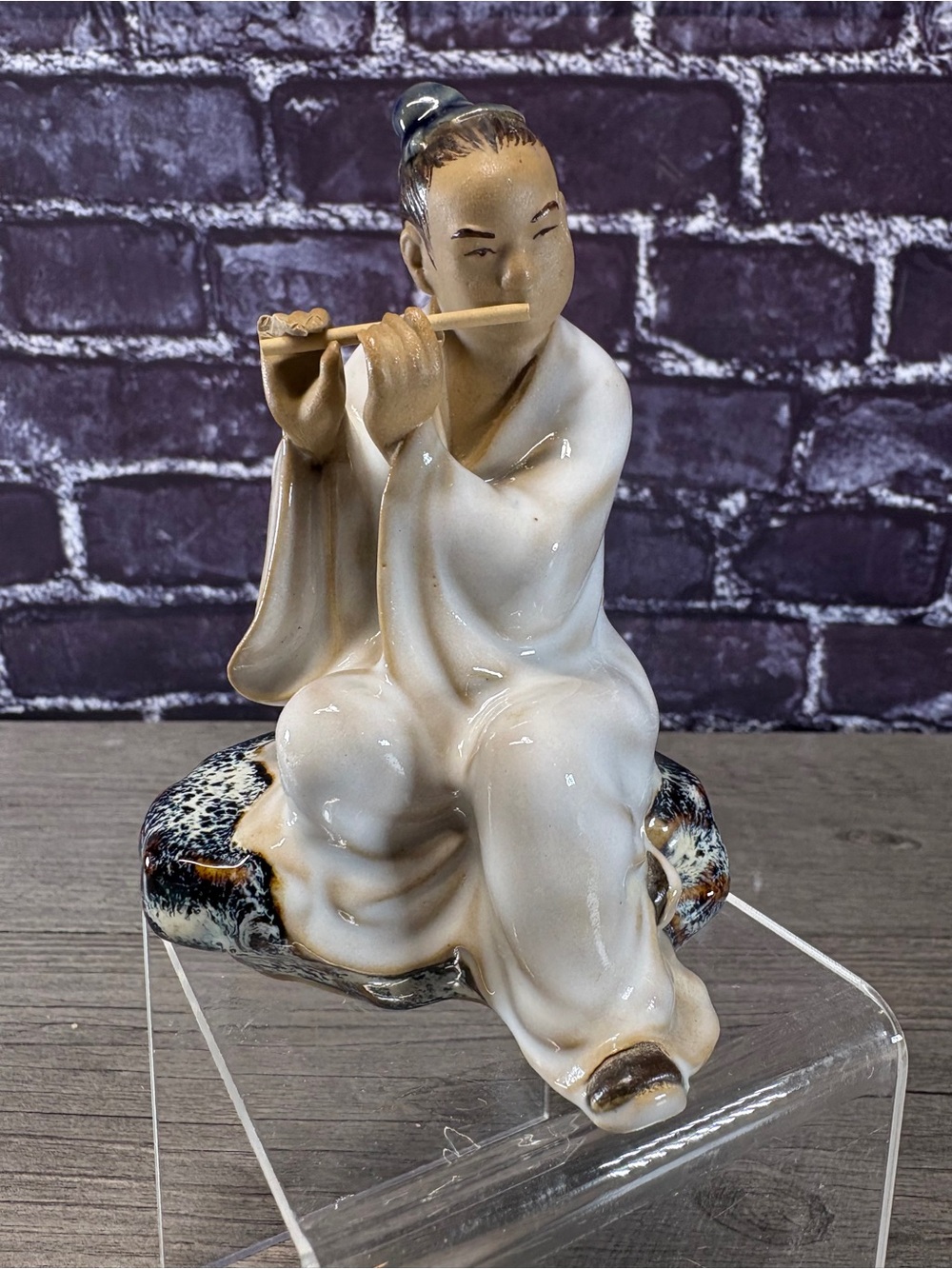 Vintage Shiwan Scholar Playing Flute Ceramic Cantonese Figurine